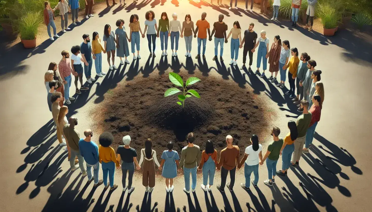 Grupo diverso de personas rodeando una planta joven en un ambiente exterior iluminado, simbolizando colaboración y cuidado ambiental.