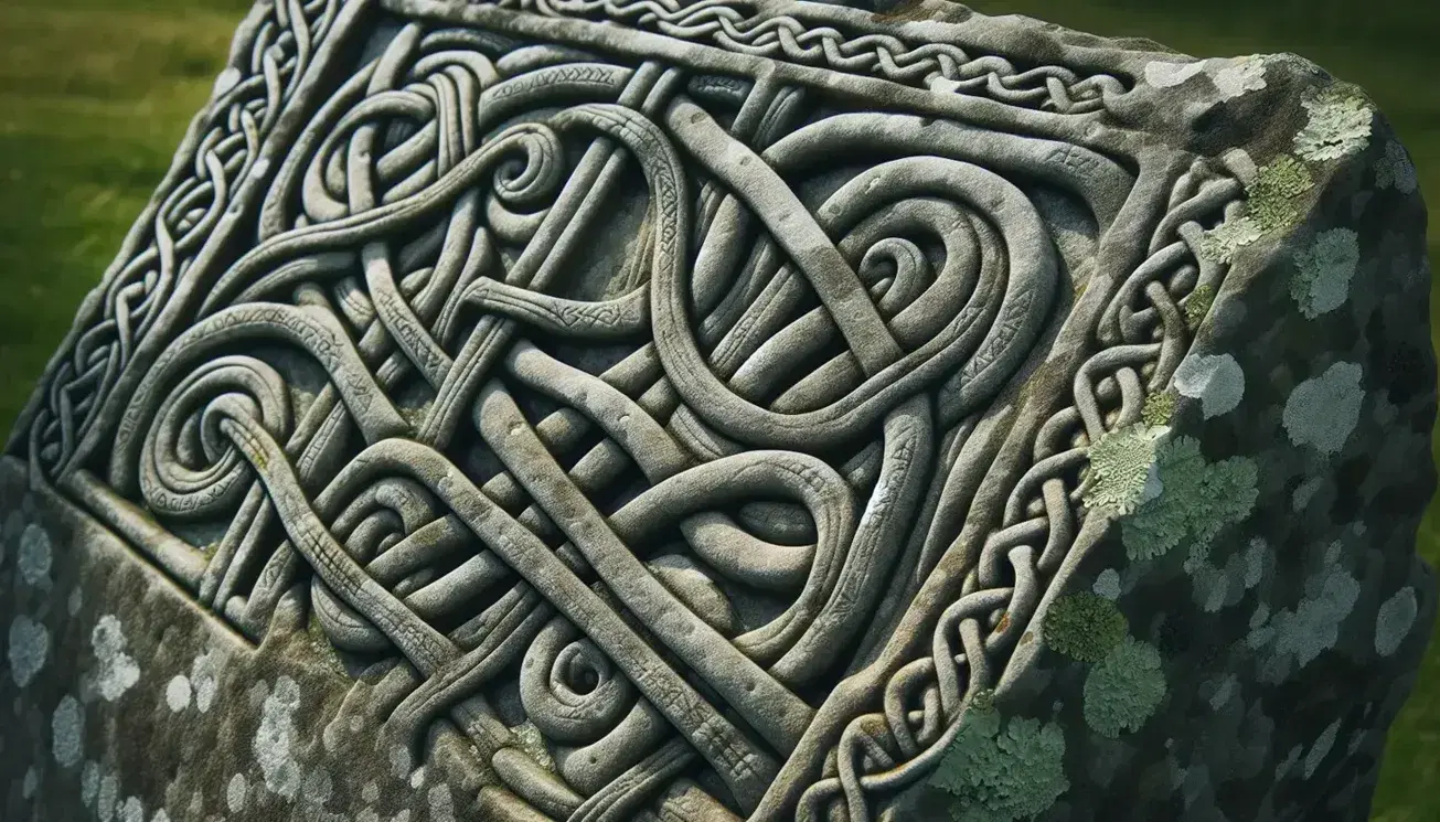 Ancient Anglo-Saxon rune stone with intricate knotwork patterns, weathered gray surface, and green lichen, showcasing fine craftsmanship.