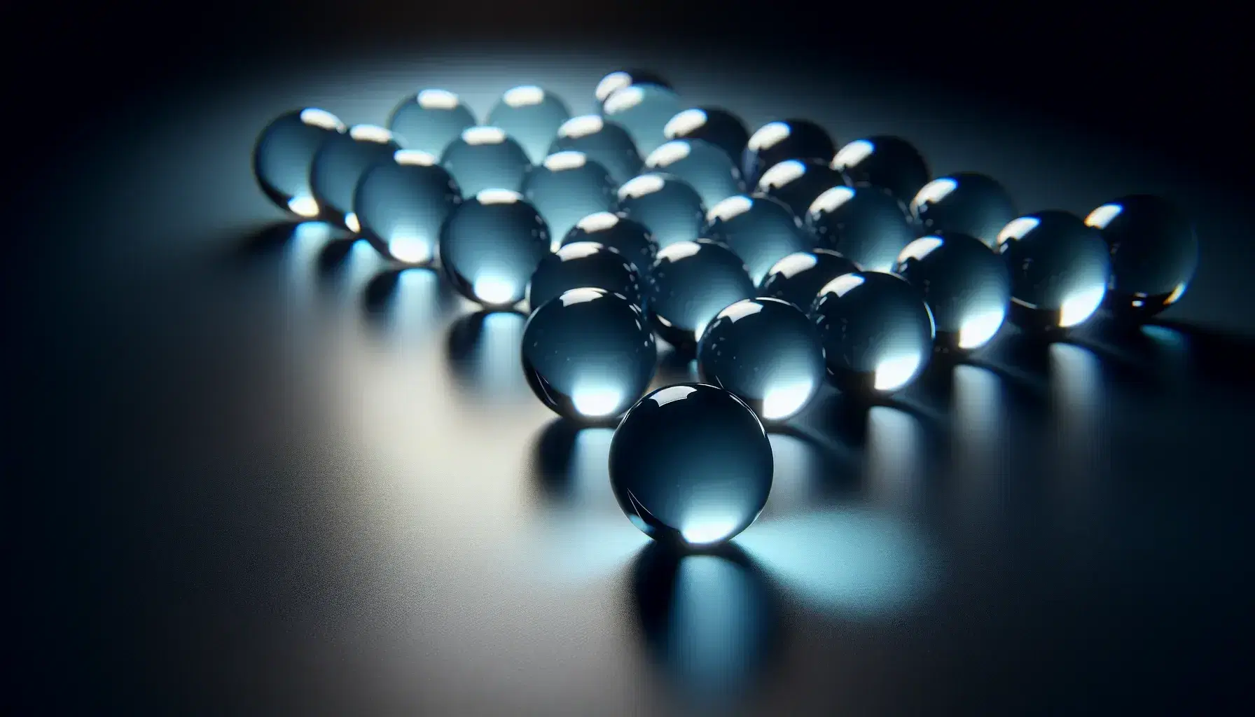 Translucent blue marbles scattered on a matte black surface, with soft light creating delicate reflections and light shadows, emphasizing shape and color.