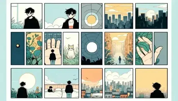 Secuencia de viñetas de cómic con personaje sorprendido, gato sentado, paisaje urbano al atardecer, mano con objeto redondo, planta con flor roja y dos aventureros corriendo en la selva.