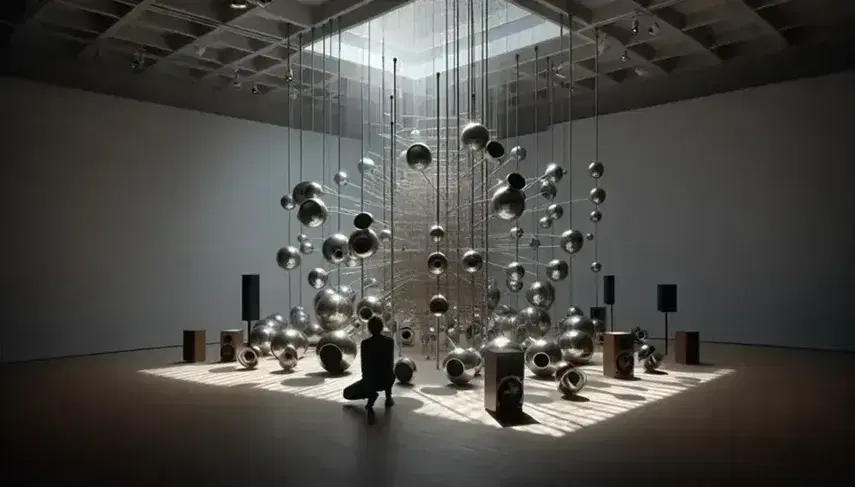 Instalación de arte sonoro con estructura metálica abstracta y esferas que reflejan la luz, rodeada de altavoces dispersos en una sala iluminada con suelo de madera.