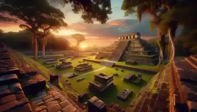 Ruinas de una antigua ciudad mesoamericana con pirámide de piedra y vegetación al atardecer, reflejando la grandeza de civilizaciones pasadas.