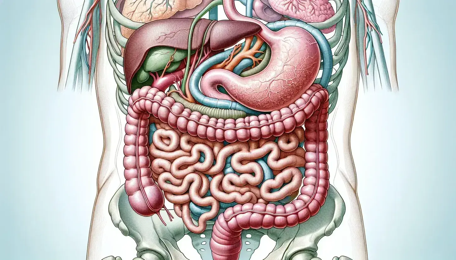 Vista detallada del sistema digestivo humano con esófago, estómago, intestinos delgado y grueso, hígado, vesícula biliar y páncreas en un cuerpo transparente.