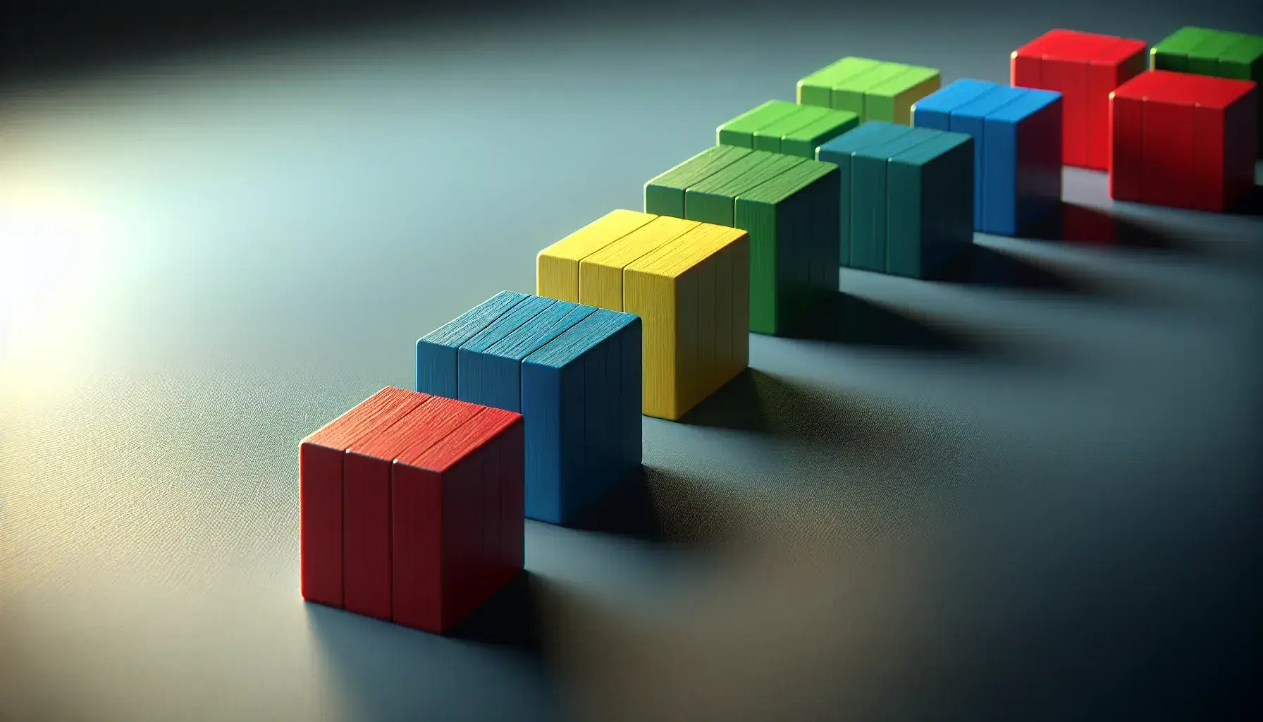Colorful wooden blocks in a row on gray surface, with one red, two blue, three green and four yellow blocks aligned to the left.