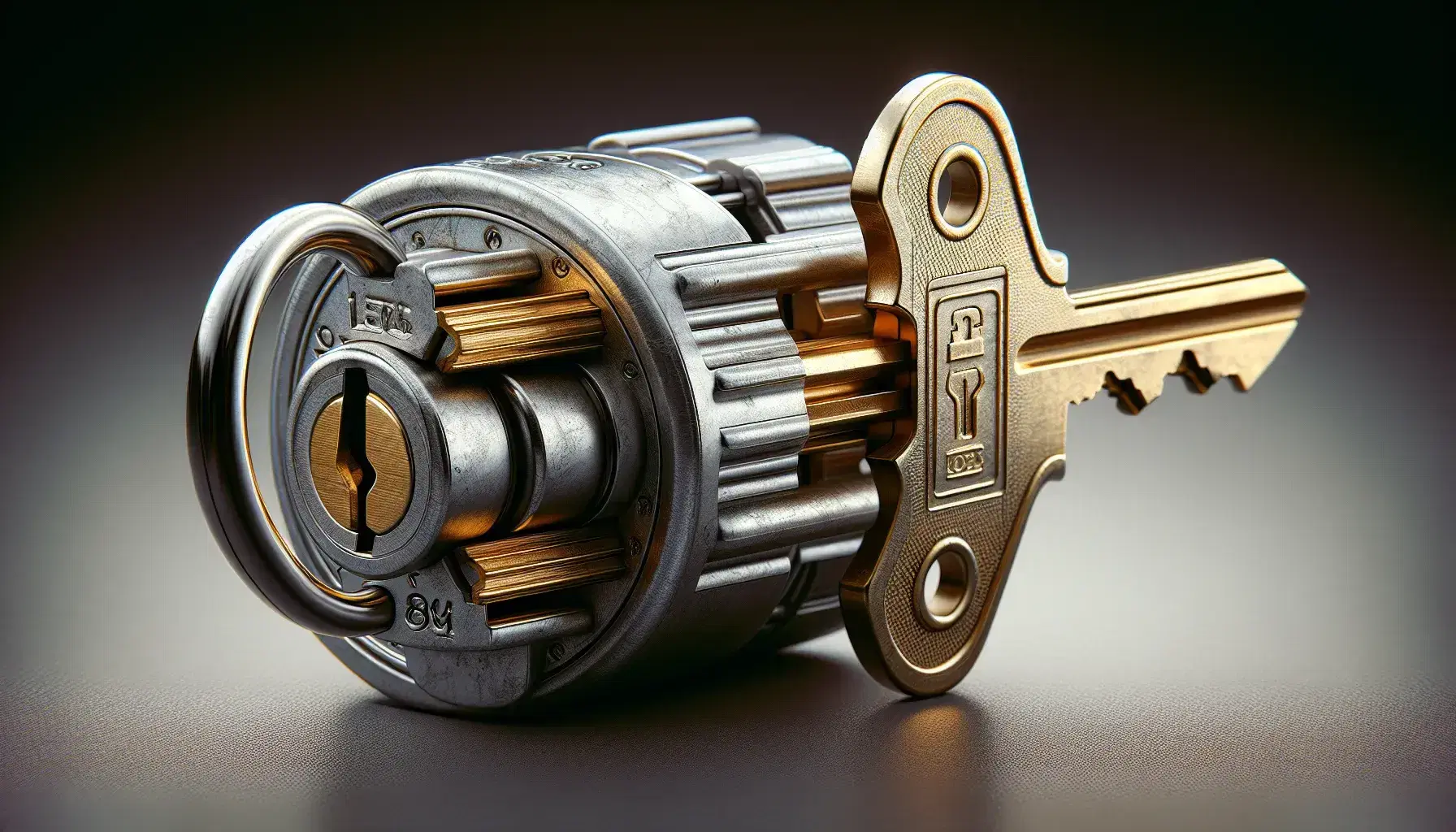 Close-up of a cylinder lock with gold key partially inserted, highlighting the heels and grooves on the key blade.