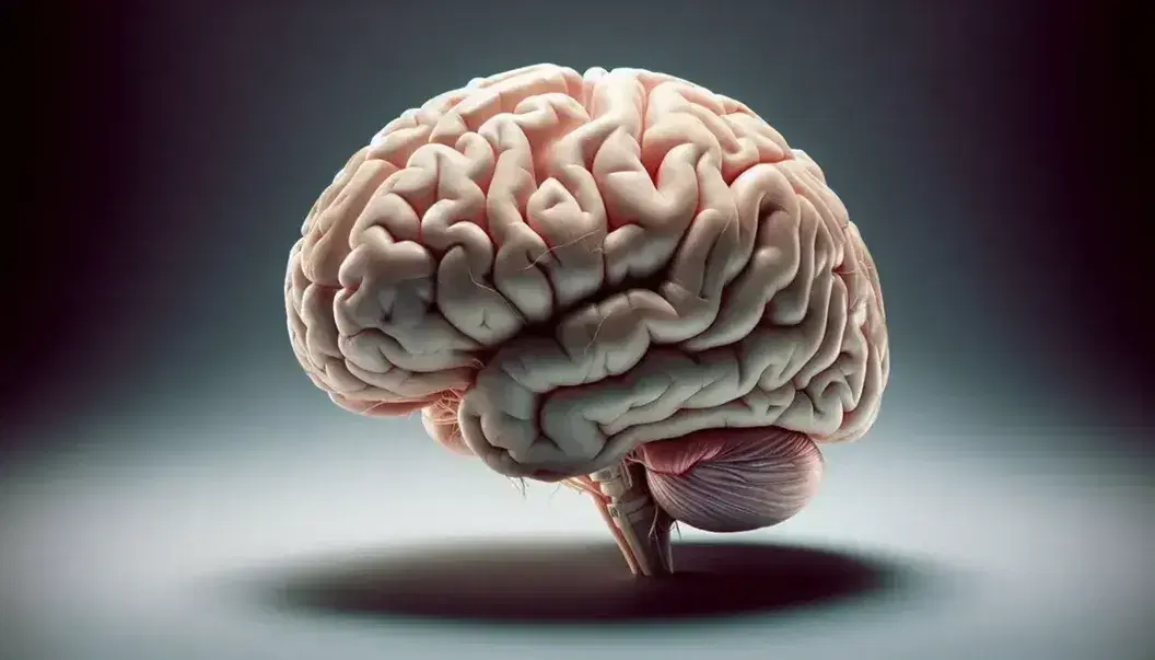 Vista superior detallada de un cerebro humano con hemisferios cerebrales, surcos y giros visibles, y tronco encefálico, en fondo neutro.
