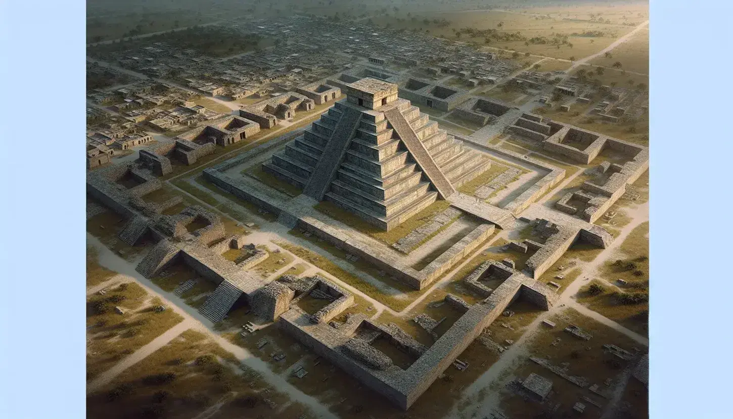 Vista aérea de ruinas de un complejo arqueológico con pirámide escalonada central y estructuras menores en un paisaje de vegetación dispersa.