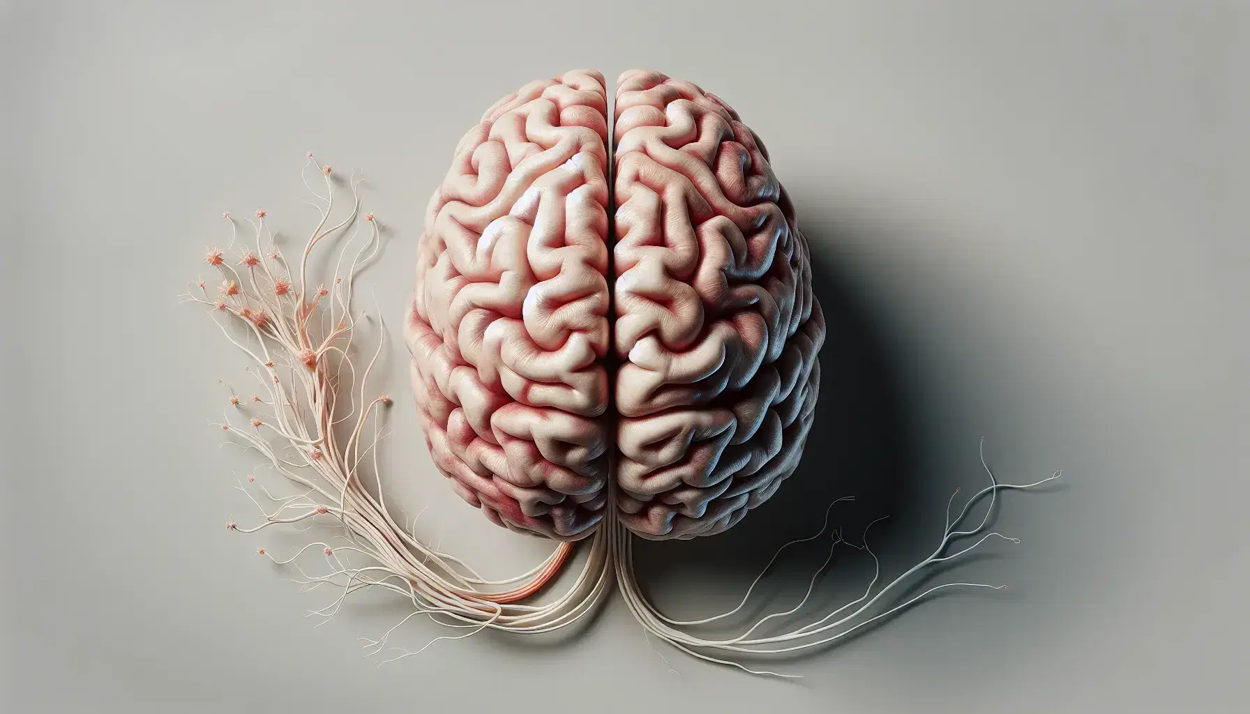 Vista superior de un cerebro humano realista con hemisferios definidos y nervios periféricos extendiéndose, en fondo neutro.