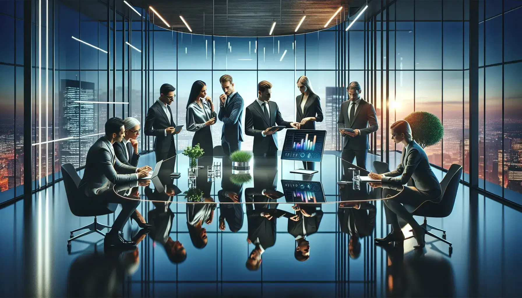 Professionals in a modern office with a reflective black table, high-tech devices, and a cityscape view through a panoramic window at twilight.