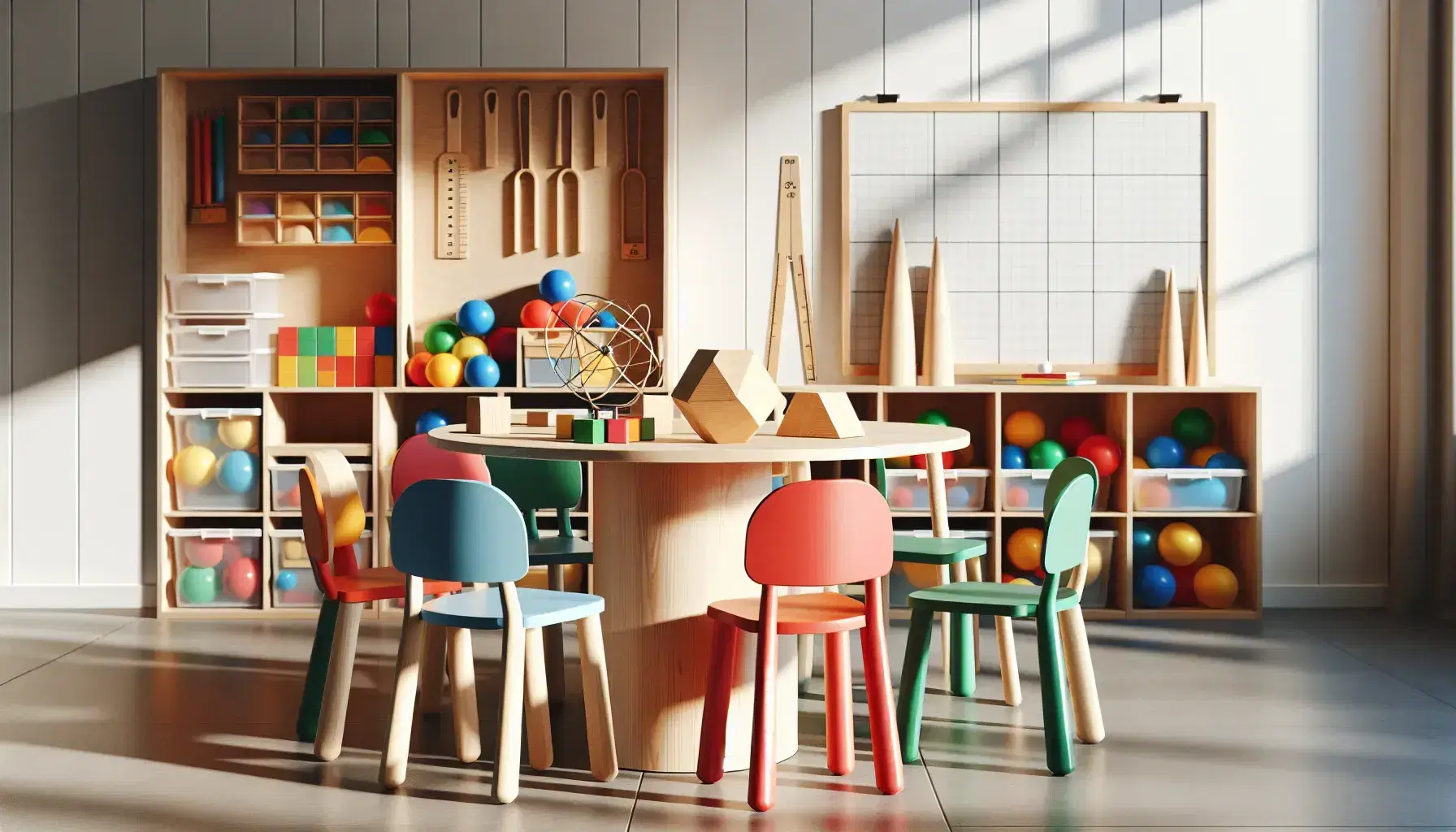Aula colorida con mesa redonda y sillas de plástico en rojo, azul, verde y amarillo, bloques geométricos de madera, regla y compás sobre la mesa, estantería con materiales didácticos y pizarra blanca al fondo.