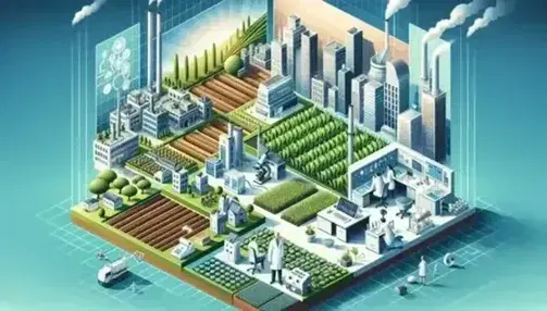 Campos de cultivo, fábrica con chimeneas, paisaje urbano, laboratorio tecnológico y sala de hospital, representando sectores económicos primario, secundario, terciario, cuaternario y quinario.