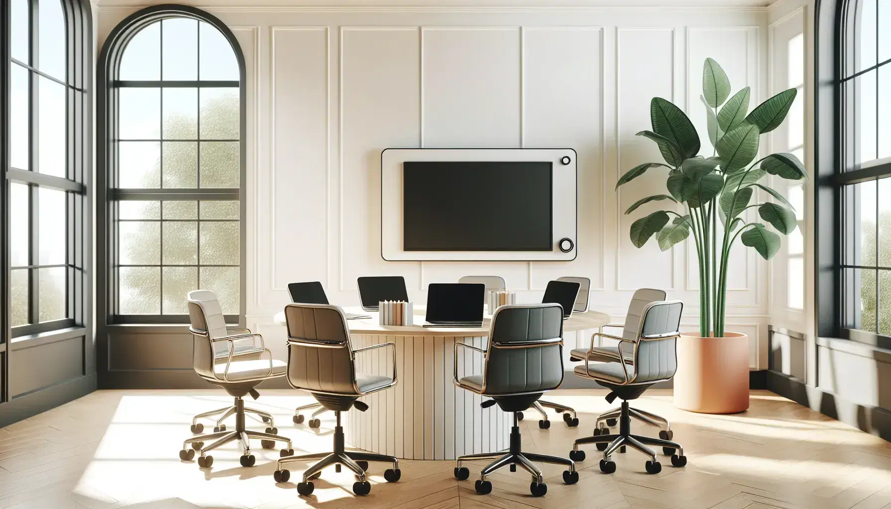 Aula moderna y luminosa con mesa redonda y cuatro portátiles, pizarra blanca, ventana, planta verde y silla ergonómica, ideal para aprendizaje virtual.