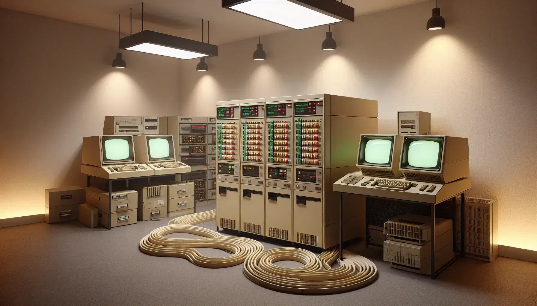 Sala con equipo de computación vintage, incluyendo un mainframe beige con botones iluminados y una impresora de matriz de puntos, rodeado de monitores CRT y teclados sin texto.