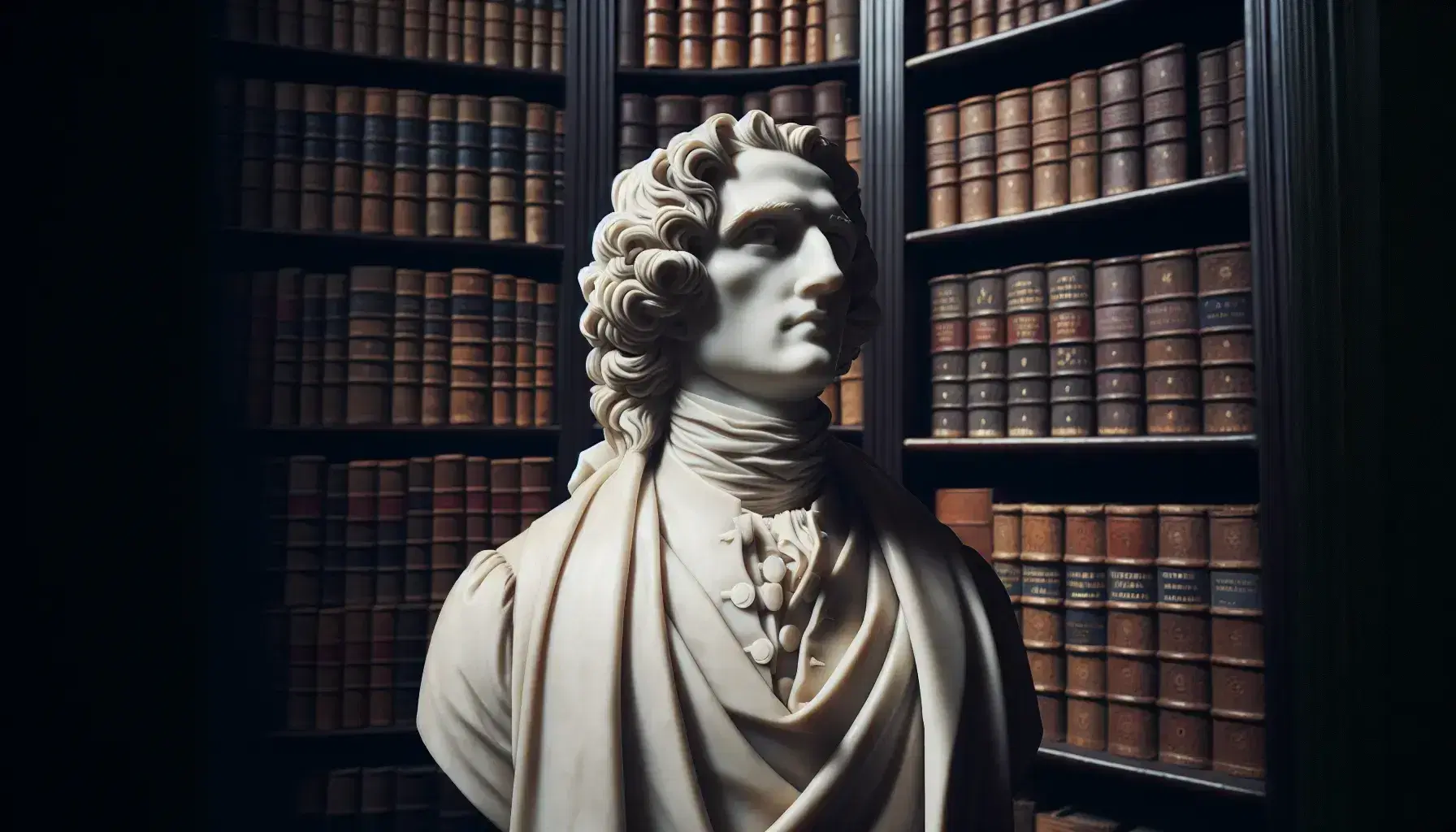 Statua in marmo bianco di filosofo anonimo in abiti settecenteschi con libreria antica sullo sfondo.