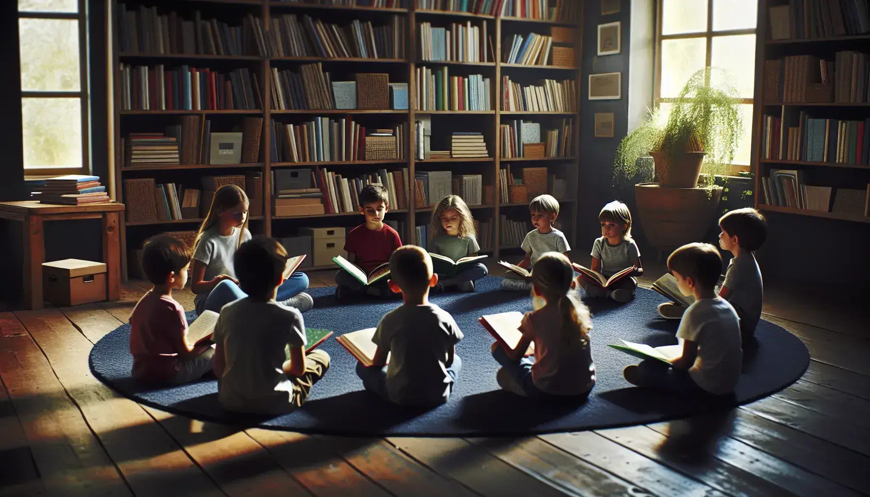 Niños atentos leyendo libros de colores en una biblioteca con luz natural, estanterías al fondo y planta decorativa.