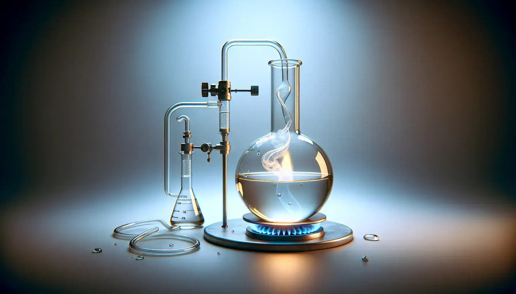 Glass flask on metal stand with blue Bunsen flame underneath, rising steam and glass tubes for distillation on gray background.