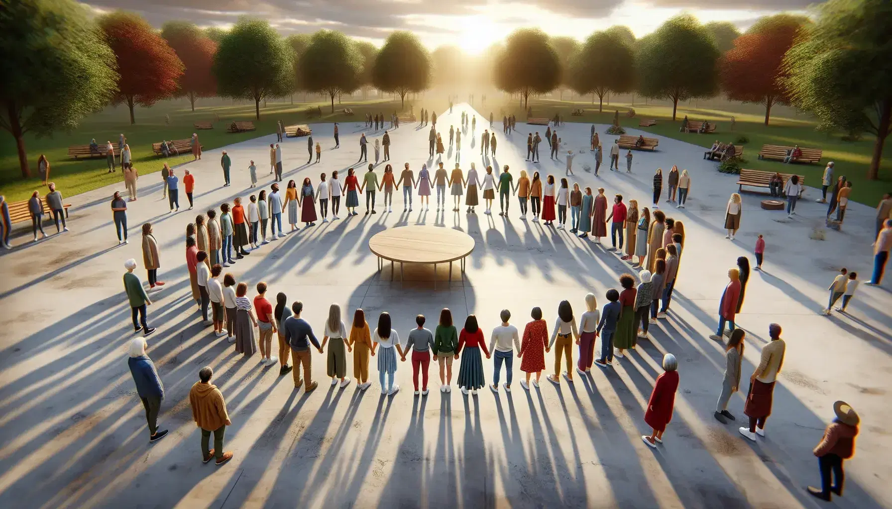 Grupo diverso de personas unidas de manos en círculo alrededor de una mesa en parque, simbolizando unidad y colaboración, bajo cielo parcialmente nublado.