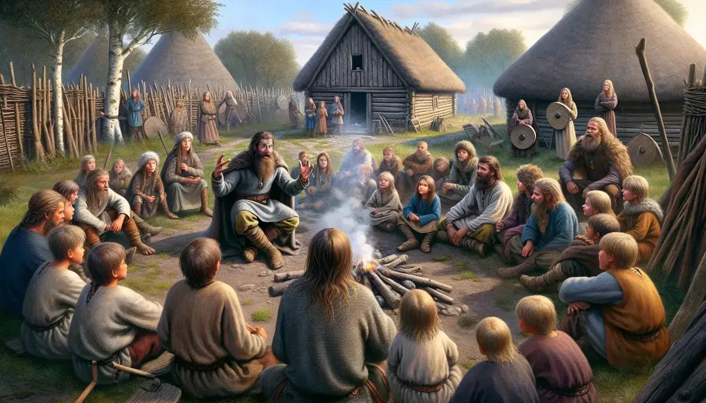 Viking storyteller regales attentive children in a rustic outdoor setting, with a longhouse, wrestling youths, and a scenic fjord backdrop.