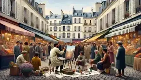 Vibrant Montmartre street scene with a diverse crowd around a street artist painting an abstract canvas, surrounded by Parisian architecture and a lively market.