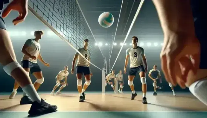 Partita di pallavolo indoor con pallone sospeso in aria e sei giocatori in divisa sportiva divisi dalla rete, pronti all'azione su campo lucido.