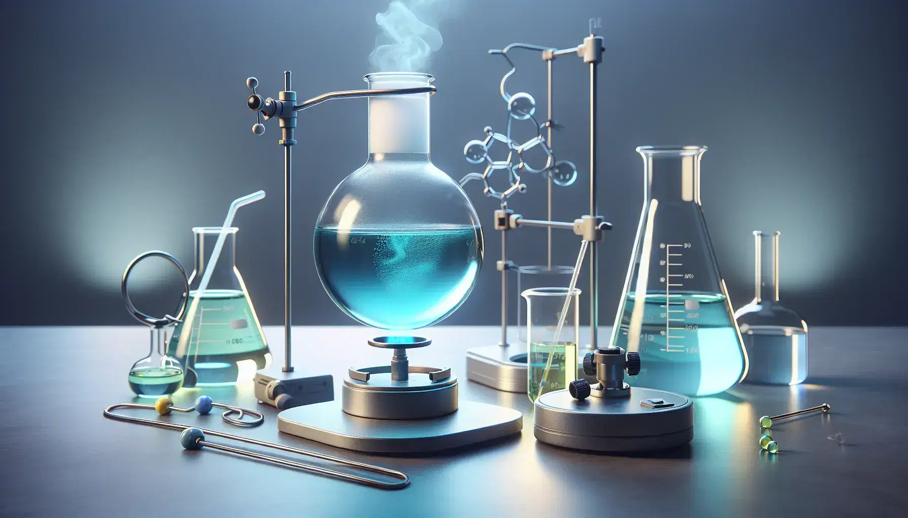 Laboratory with round bottom flask containing blue liquid on metal stand, lit Bunsen burner, beaker and safety glasses.