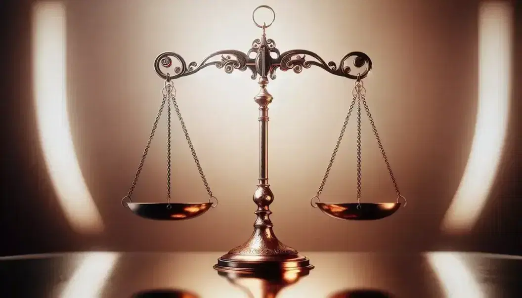 Bilancia della giustizia in metallo con finitura bronzo, bilanciata e con incisioni decorative, su sfondo neutro sfocato.