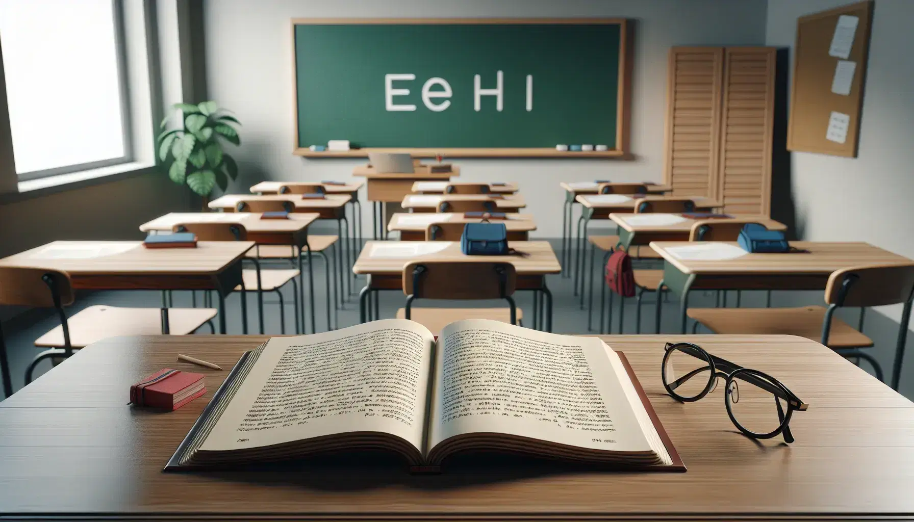 Language classroom with teacher's desk, open textbook, round eyeglasses, student desks with notebooks, backpacks, a chalkboard, and a bookshelf.