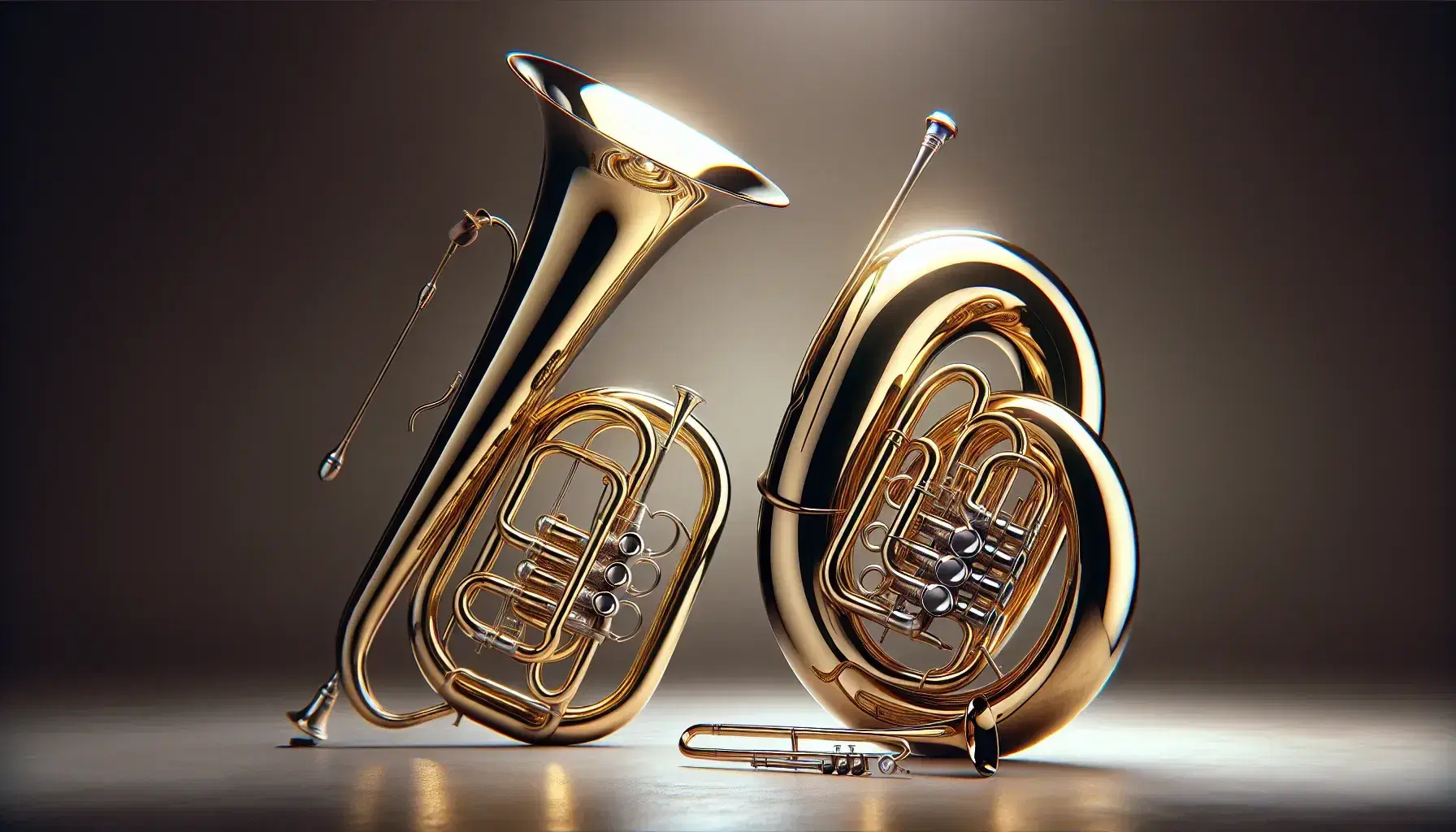 Trombone in ottone lucido con campana rivolta a sinistra e tuba bassa accanto, entrambi su sfondo neutro che esalta i dettagli e la lucentezza.