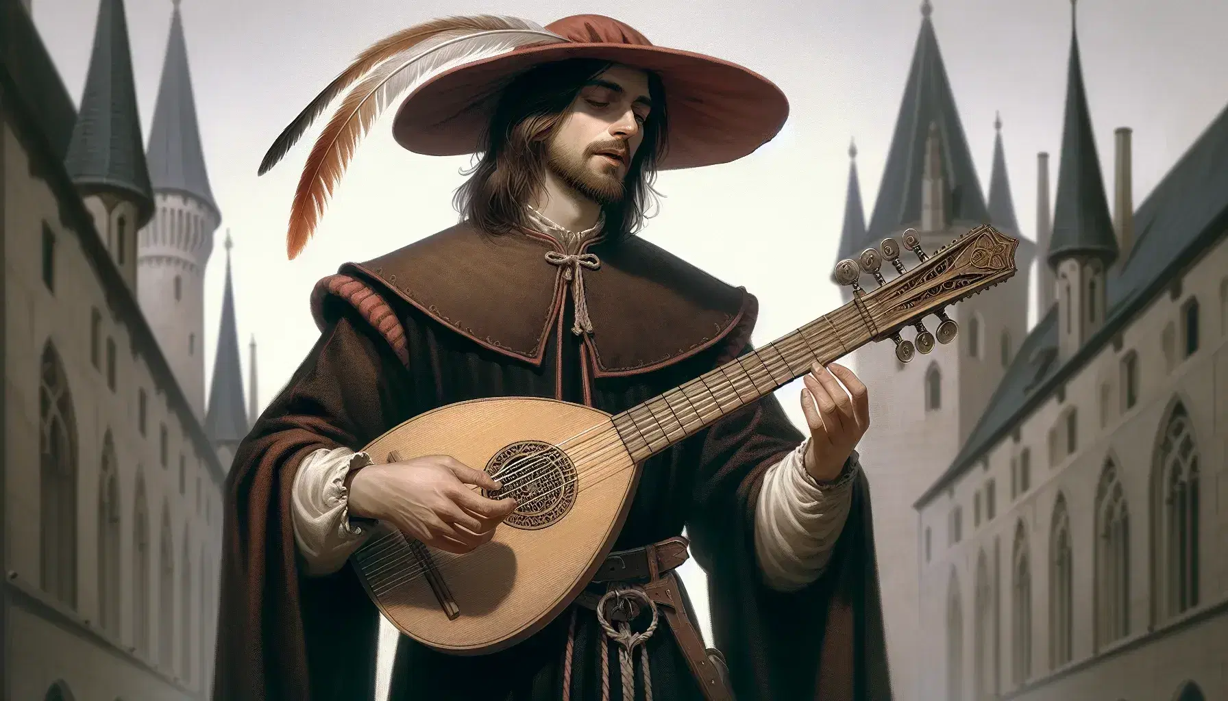 Menestrel medieval tocando laúd con túnica marrón y sombrero rojo frente a castillo difuminado bajo cielo azul.