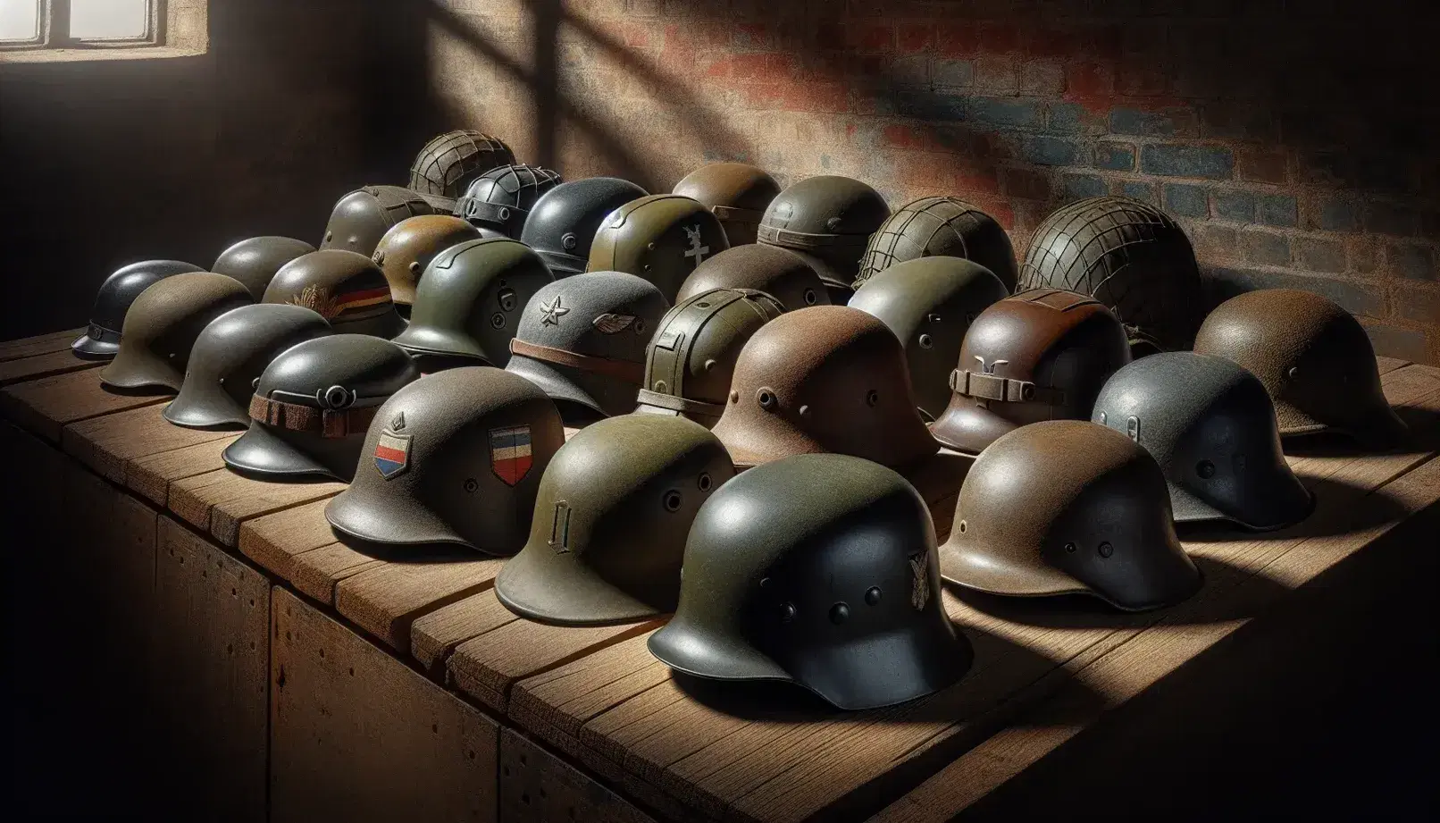 Colección de cascos militares de la Segunda Guerra Mundial en fila sobre superficie de madera desgastada, con variados diseños y colores, ante un fondo de ladrillos antiguos.