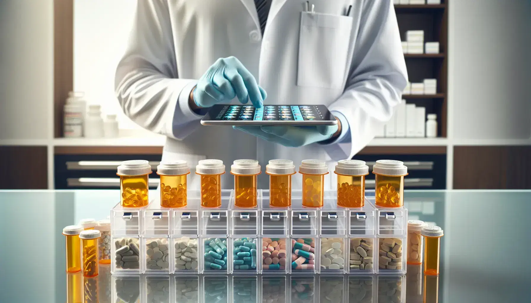 Pharmacist workspace with prescription bottles and colorful pills, pharmacist organizing medicines and digital tablet on counter.