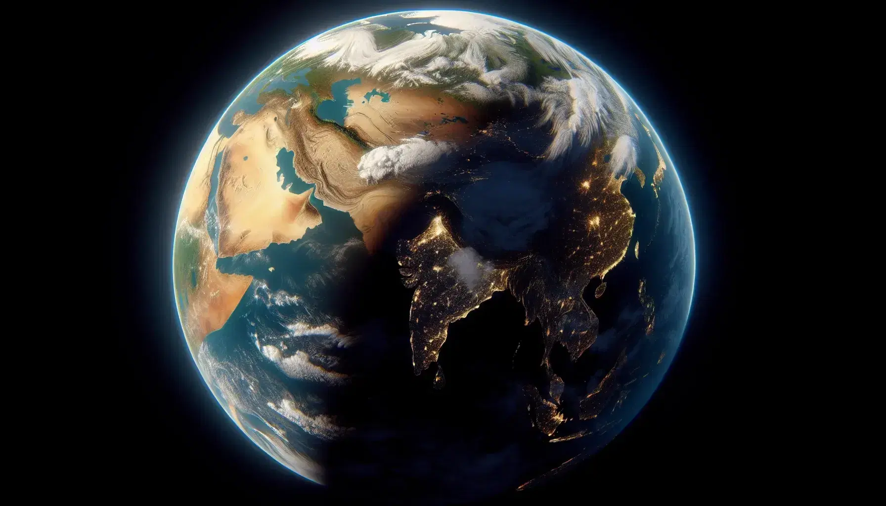 Vista panorámica de la Tierra desde el espacio mostrando la curvatura terrestre, áreas terrestres y océanos bajo nubes dispersas, con ciudades iluminadas en la zona nocturna.