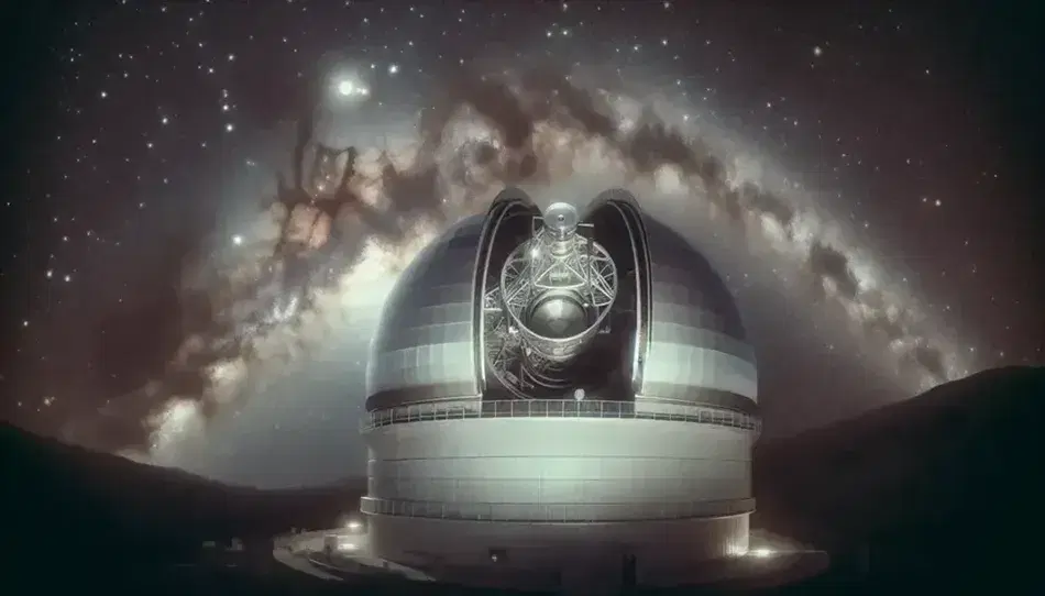 Telescopio reflector en observatorio astronómico con cúpula abierta bajo cielo estrellado y Vía Láctea, alejado de la contaminación lumínica.