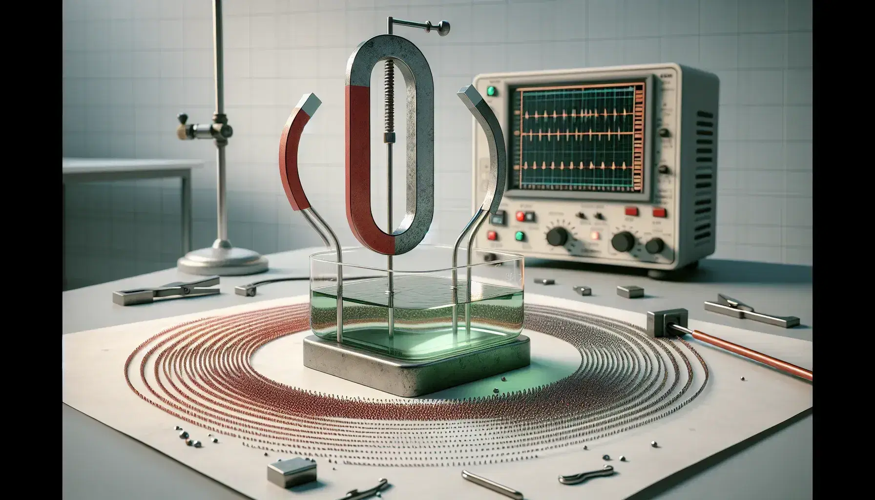 Laboratory setup with a large horseshoe magnet, iron filings showing magnetic field lines on paper, and a floating boat aligning with a suspended bar magnet.