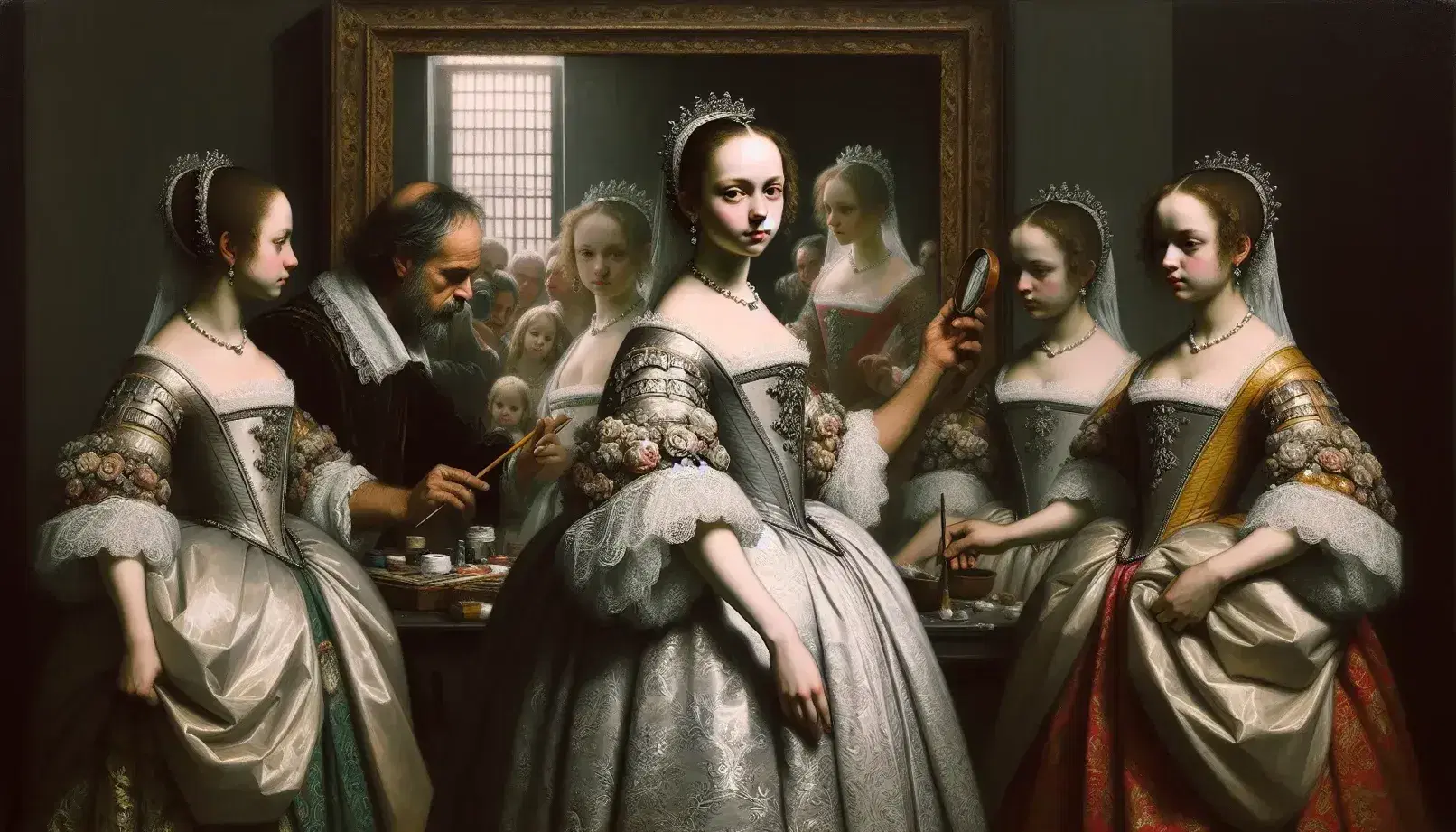 Reproducción detallada de 'Las Meninas' de Velázquez, con la Infanta Margarita central, meninas a los lados, el artista al lienzo y un espejo reflejando figuras reales.