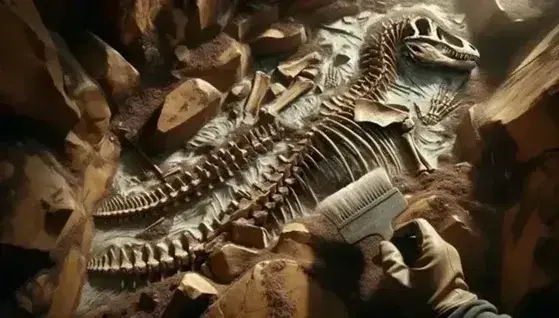 Paleontologist uncovers theropod dinosaur fossil in rock matrix, brushing sediment off ribcage with a tool, highlighting the contrast between white bones and brown earth.