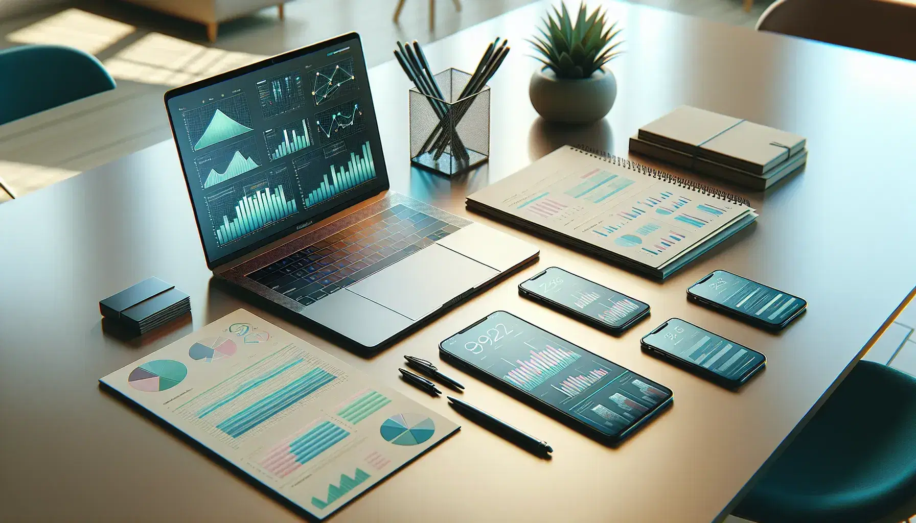Mesa de oficina moderna con portátil abierto mostrando gráficos, tablet con diagramas, smartphone y documentos encuadernados, en un espacio iluminado con planta verde.
