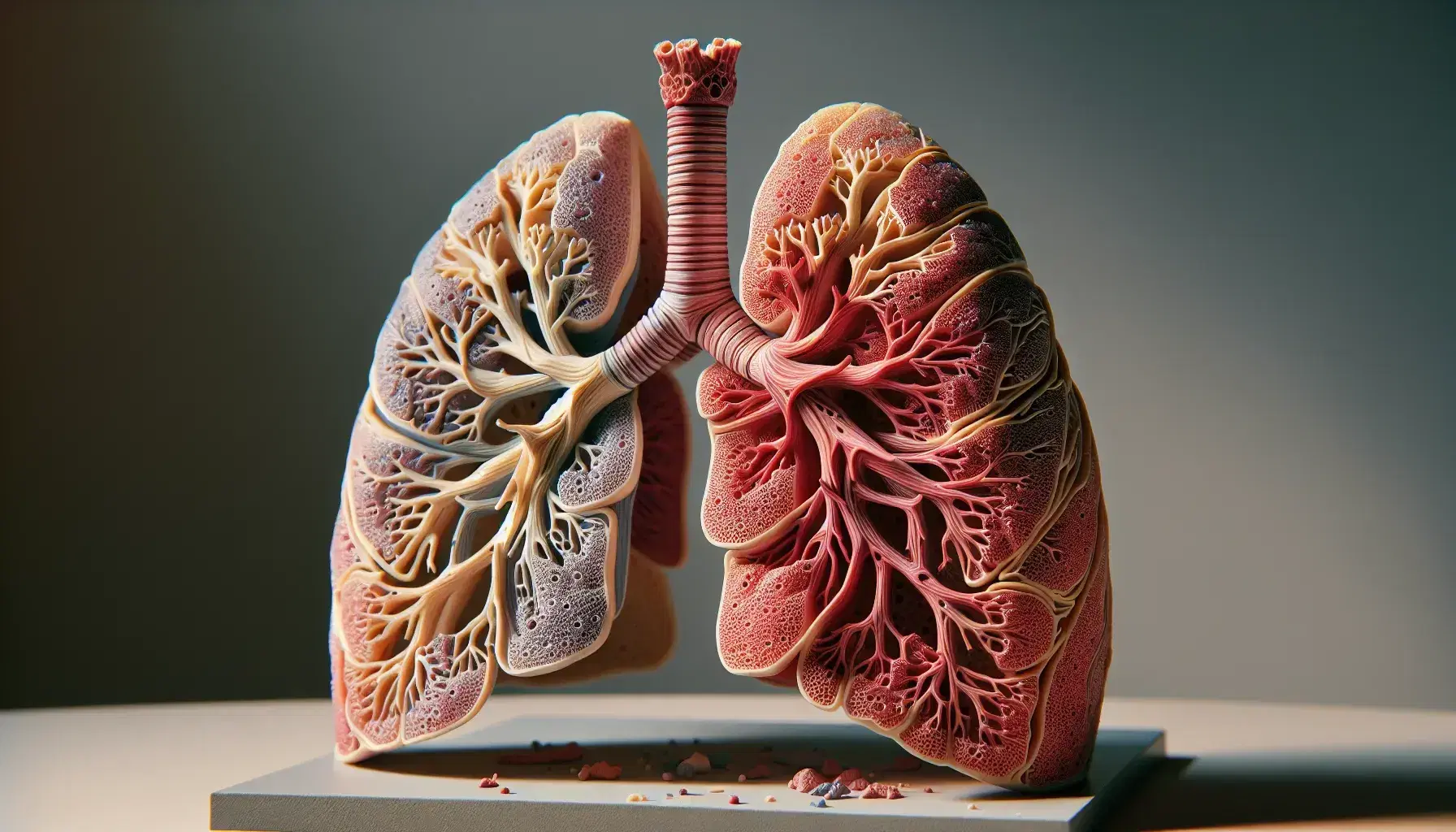 Modello anatomico dettagliato dei polmoni umani evidenziando bronchi e alveoli su base neutra.