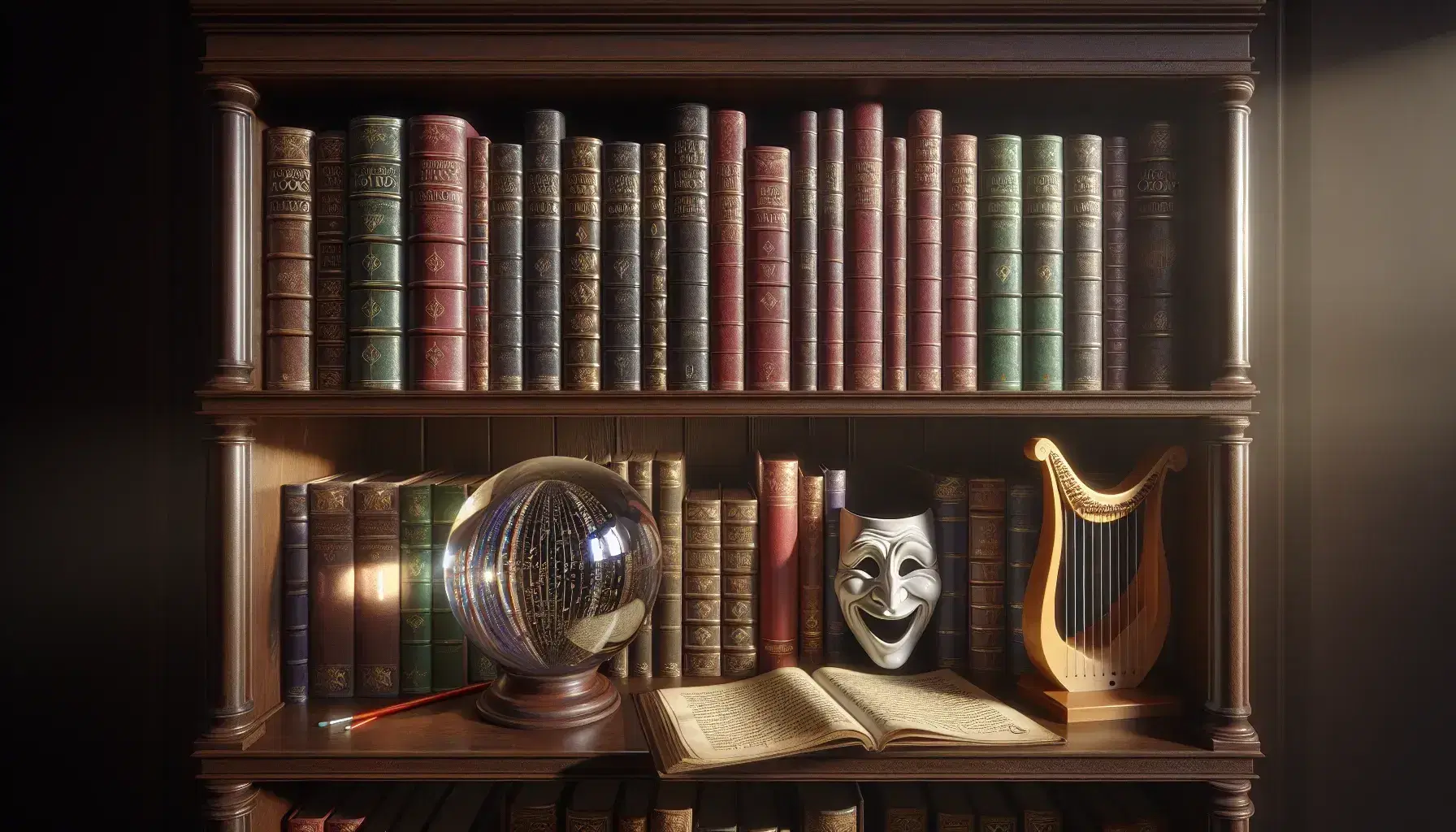 Estantería de madera oscura repleta de libros encuadernados junto a esfera de cristal, máscaras teatrales de comedia y tragedia, lira y pergamino antiguo.