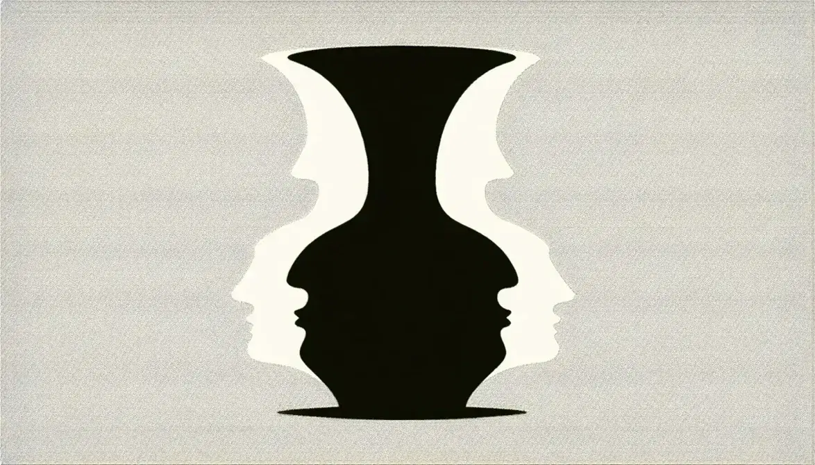 Optical illusion of the Rubin Vase with ambiguous figure showing a central black vase and two facing symmetrical white profiles.