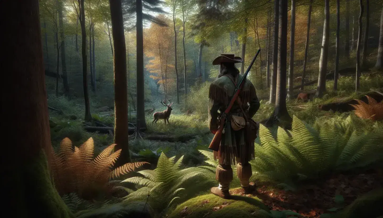 Serene 19th-century American wilderness scene with a Middle-Eastern man in frontier attire gazing into a forest with a deer emerging amidst autumnal foliage.