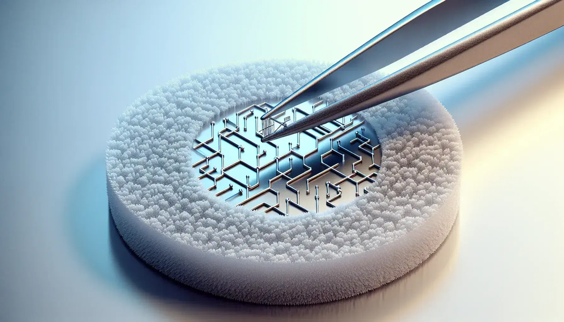 Close-up of a low temperature superconducting material with intricate circuitry and tweezers handling a thin wire in cryogenic laboratory environment.