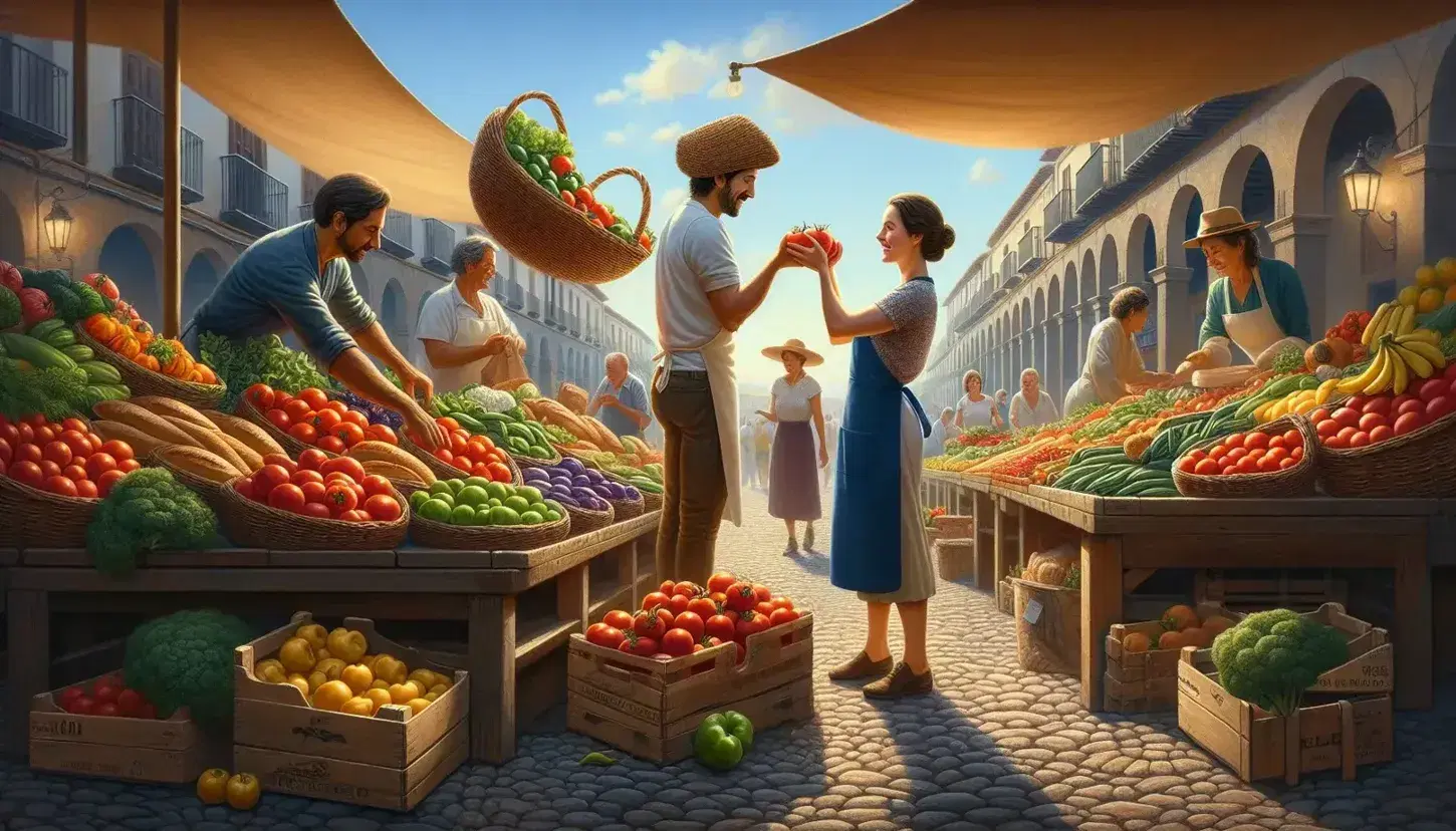 Bustling outdoor market with a woman in a blue apron selling red tomatoes to a man, amidst stalls of colorful vegetables and a person carrying a basket of bread.