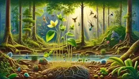 Ecosistema natural con planta de flores amarillas, charca reflejante, insecto iridiscente y ave voladora entre árboles frondosos bajo cielo azul.