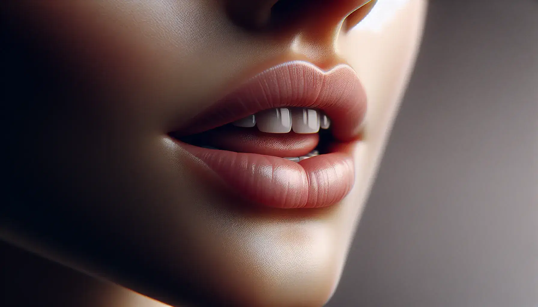 Close-up profile view of a human mouth slightly open with visible teeth and tongue, set against a blurred gray and white background.