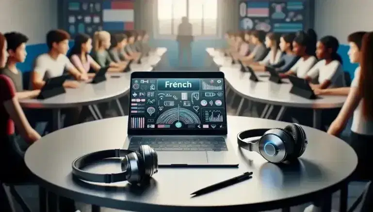 Modern French language classroom with diverse students using laptops and tablets with headphones for interactive learning, bathed in natural light.