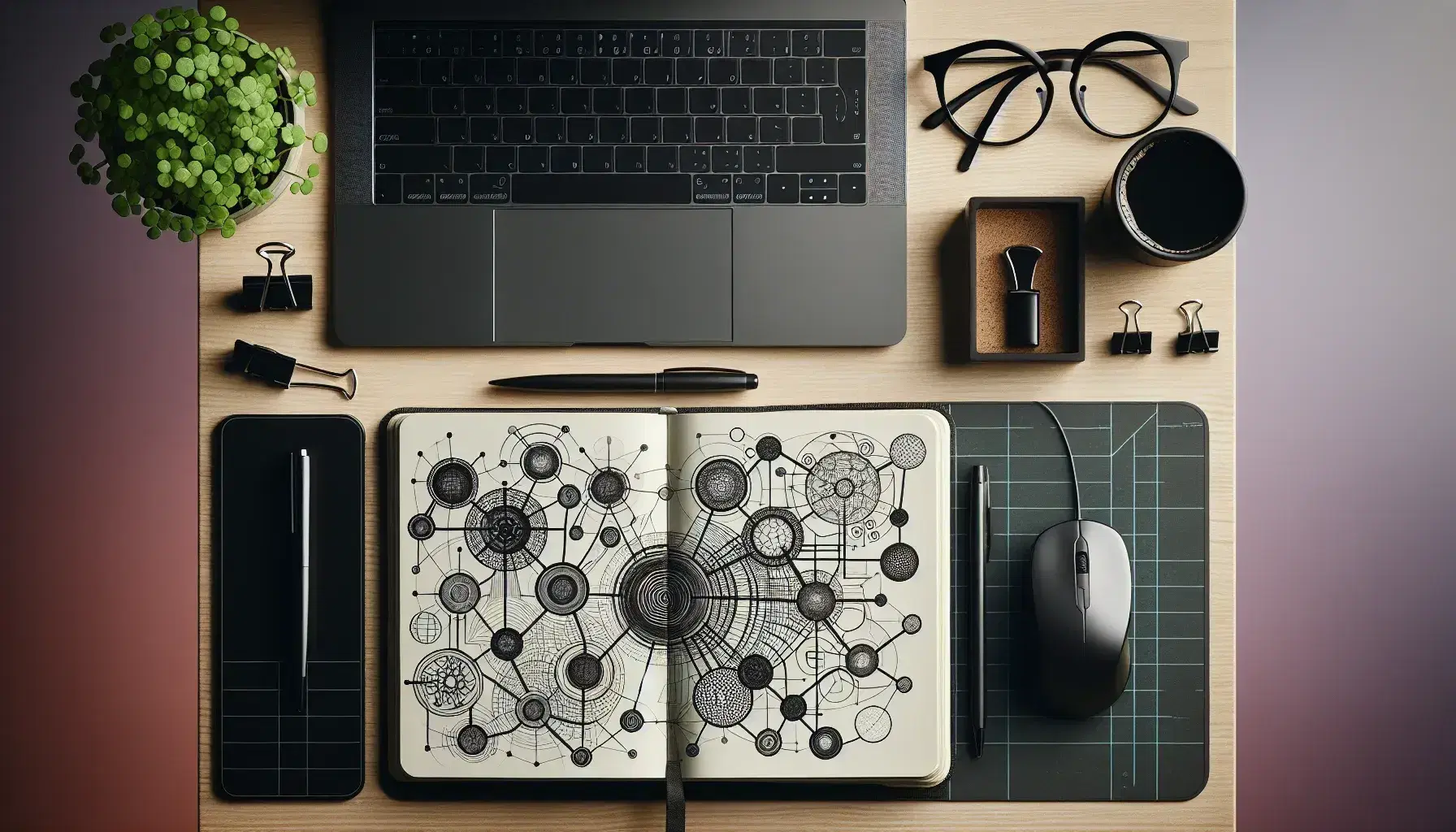 Organized desk with open notebook on network diagram, modern mouse, turned off laptop, coffee and green plant on light wooden surface.