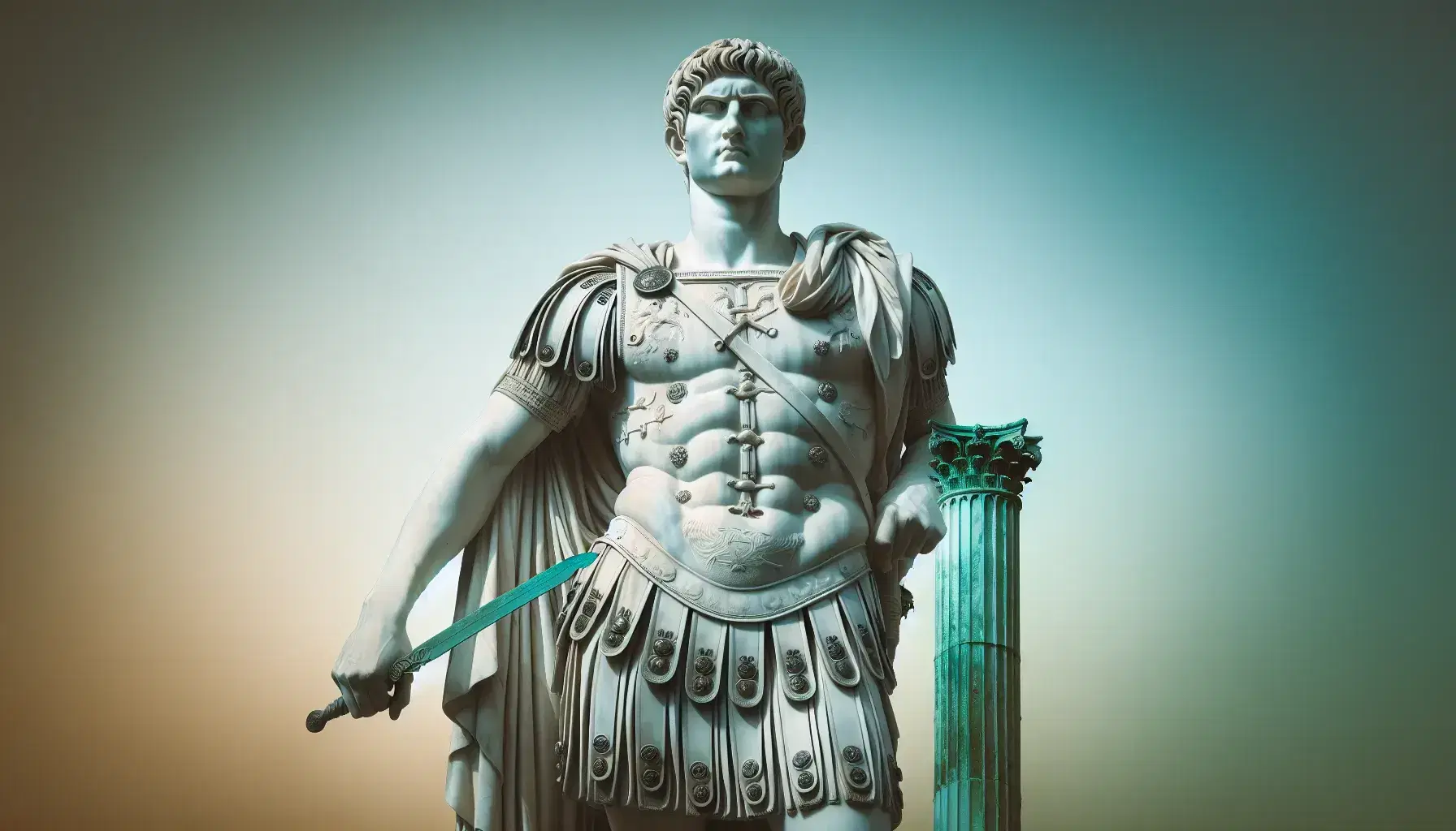 Statua in marmo bianco di imperatore romano in armatura con gladio e mano alzata su sfondo sfumato blu-verde, colonna in bronzo e frammento architettonico.
