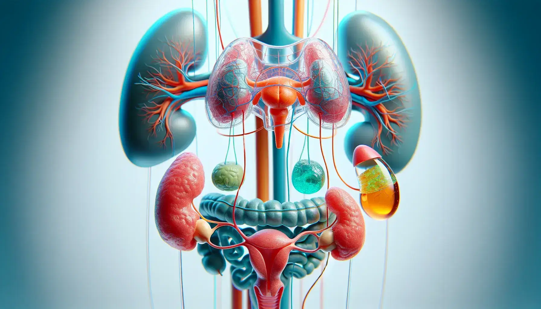 Modelo anatómico tridimensional del sistema endocrino humano con glándula pituitaria roja, tiroides azul, glándulas suprarrenales naranjas y páncreas verde sobre fondo blanco.