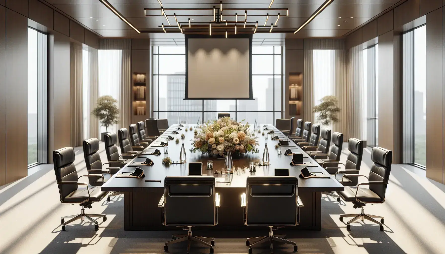 Sala de juntas espaciosa con mesa rectangular de madera oscura, sillas ergonómicas negras, botella de agua, vasos y arreglo floral, iluminada por grandes ventanas y luces empotradas.